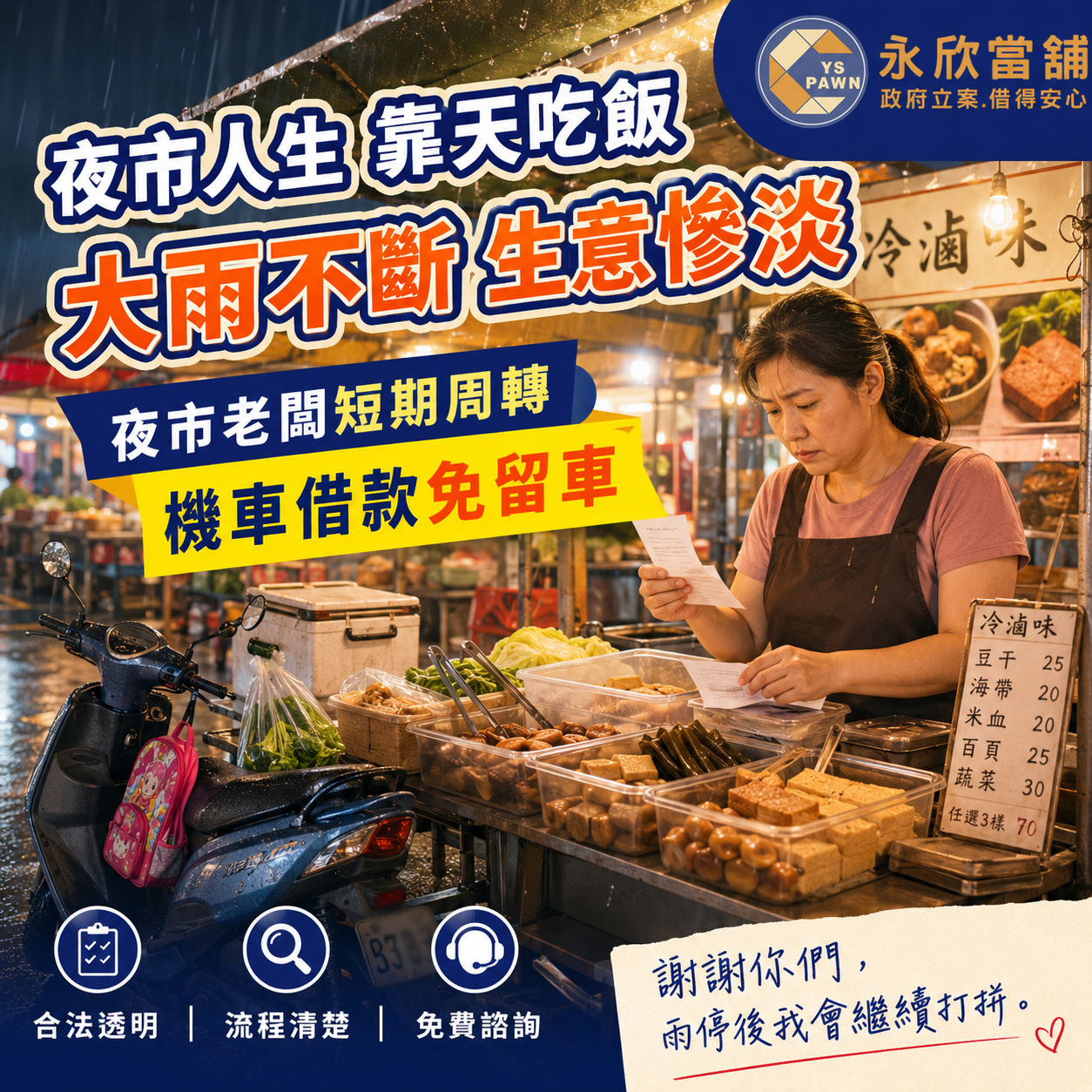 夜市老闆短期資金周轉 大雨不斷生意慘淡 台中機車借款免留車 烏日永欣當舖